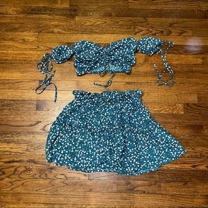 Floerns Two Piece Skirt and Off The Shoulder Top Teal Floral Set